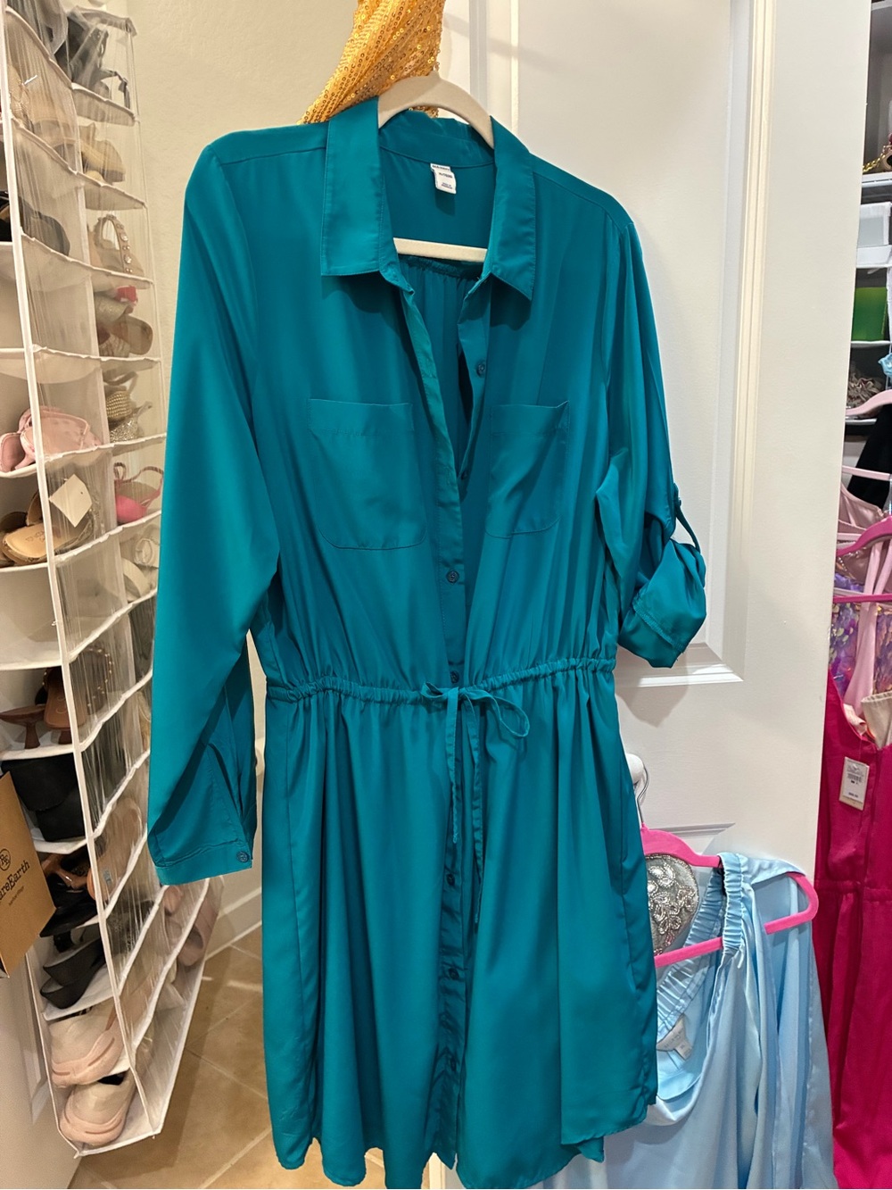 Old Navy Teal Button-Front Shirt Dress with Drawstring Waist